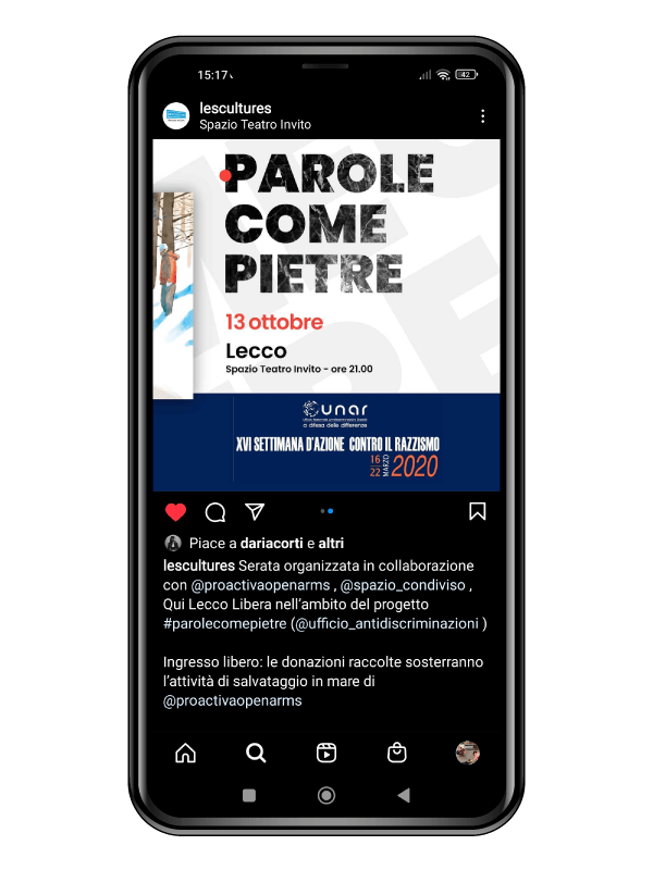 Instagram post for the event "The Milky Way" of Les Cultures Odv's project "Parole come pietre"