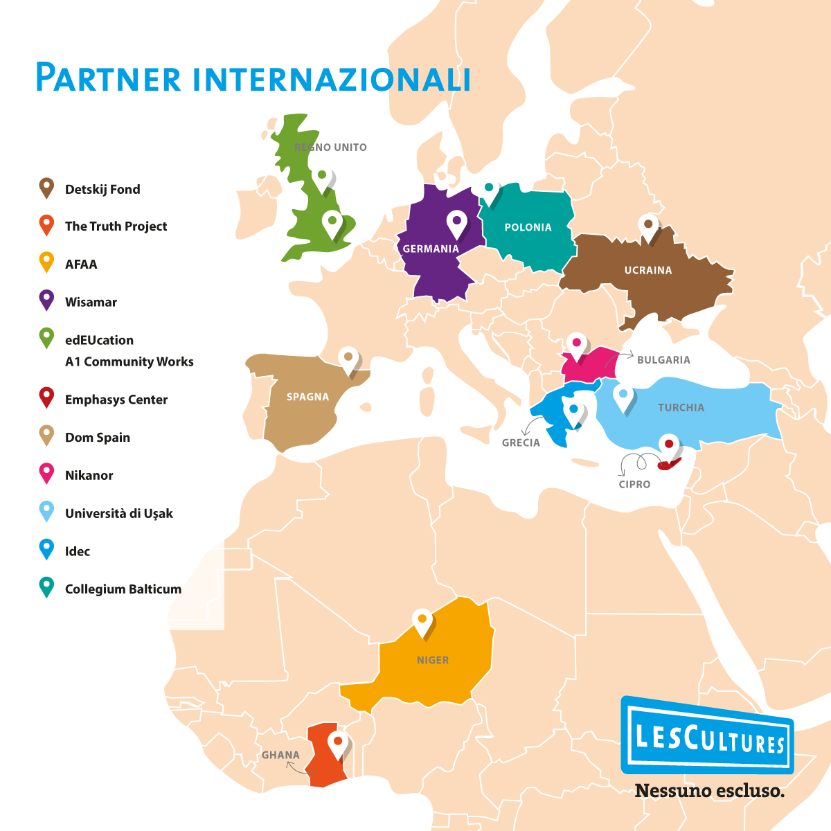 Mappa dei partner internazionali di Les Cultures Odv